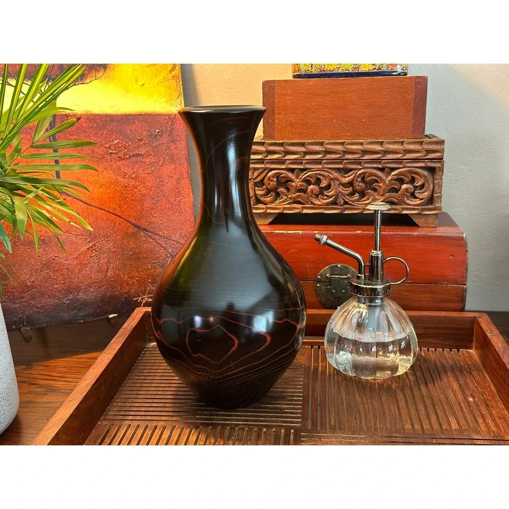 Vintage Japanese Lacquered Wood Vase 9.75